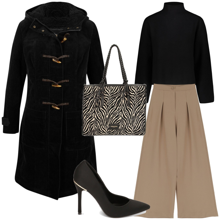 Outfit donna - Inverno informale. Stile Casual per Tutti i giorni. Abbinamento con montgomery, pantaloni a palazzo, borse a spalla, décolleté, maglieria.