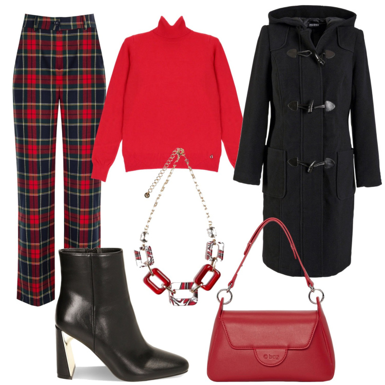 Outfit donna - Speciale Tartan. Stile Basic per Ufficio. Abbinamento con montgomery, pantaloni, stivaletti, maglieria, borse a spalla, collane.
