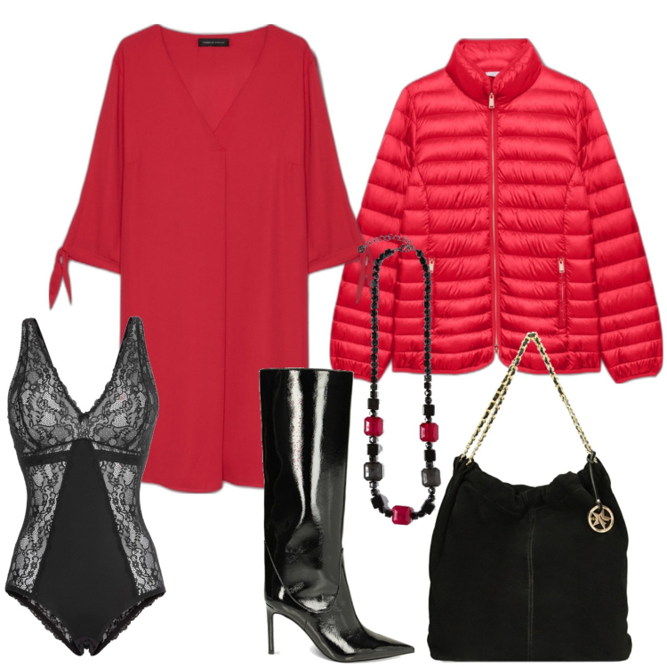 Outfit donna - Woman in red. Stile Chic per Serata fuori. Abbinamento con body, borse a spalla, stivali sopra il ginocchio, vestiti, piumini, collane.