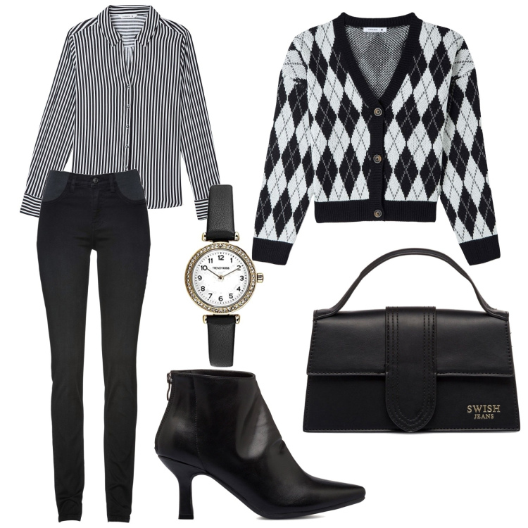 Outfit donna - Fantasia geometrica. Stile Casual chic per Ufficio. Abbinamento con jeans skinny, camicie, cardigans, borse a mano, stivaletti, orologi analogici.