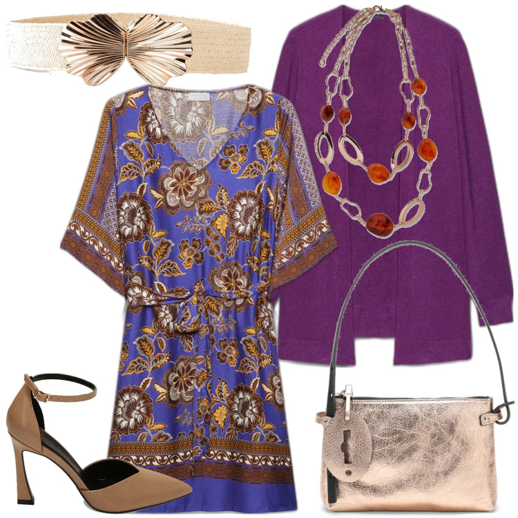 Outfit donna - Vestito elegante. Stile Casual chic per Serata fuori. Abbinamento con cinture, décolleté, vestiti, cardigans, ciondoli, borse a mano.