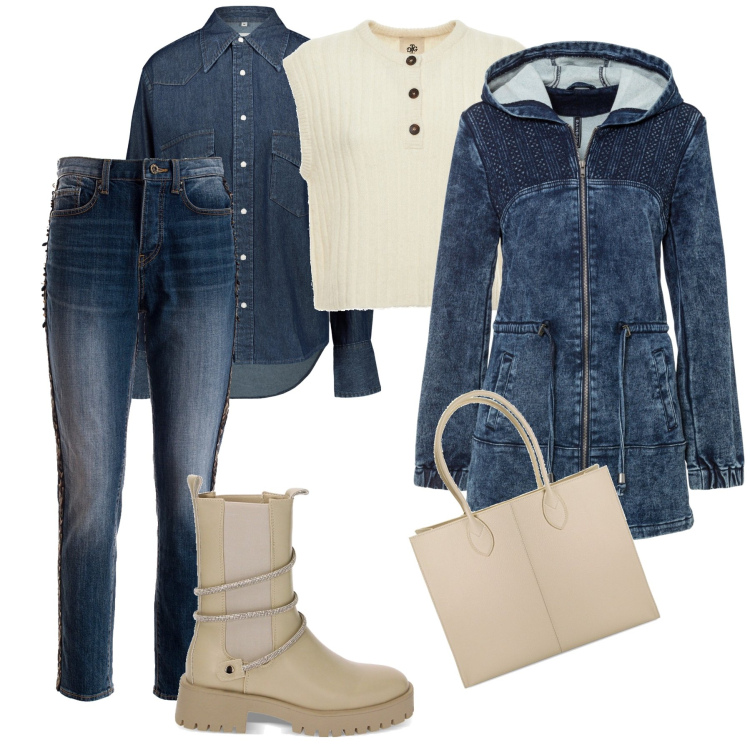 Outfit donna - Total denim. Stile Casual per Tutti i giorni. Abbinamento con parka, jeans skinny, stivaletti chelsea, borse a spalla, camicie, gilet.