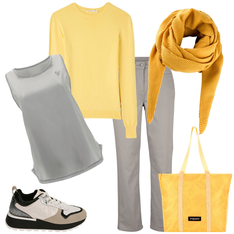 Outfit donna - Giallo e grigio. Stile Basic per Tutti i giorni. Abbinamento con foulard, pantaloni, maglieria, sneakers, canottiere, borse tote.