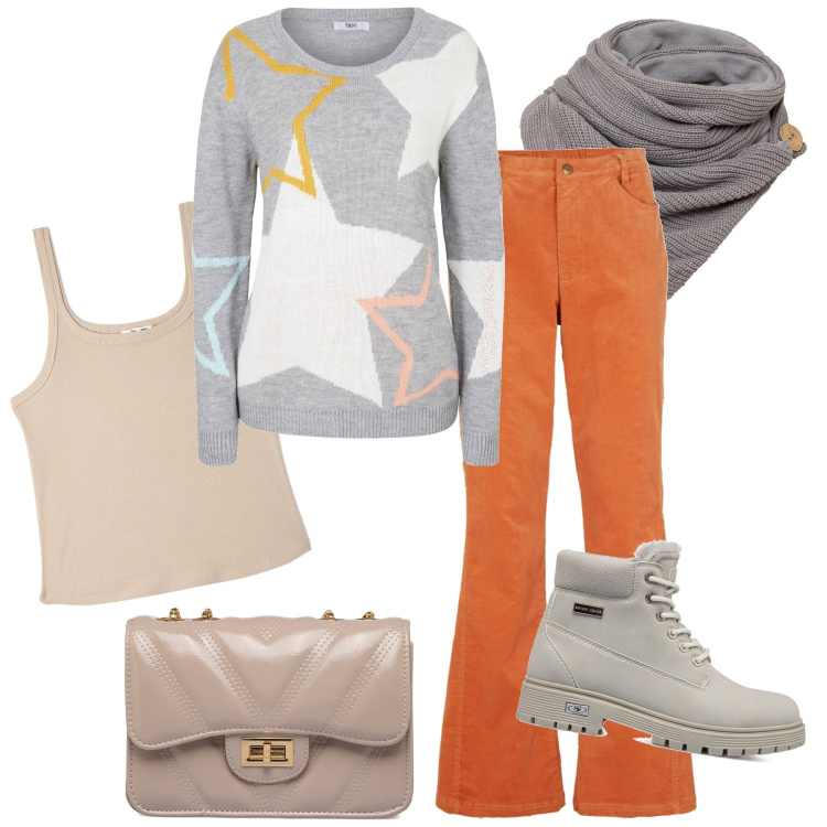 Outfit donna - Il maglioncino invernale. Stile Casual per Tutti i giorni. Abbinamento con foulard, maglieria, pantaloni, top, stivaletti, borse a tracolla.