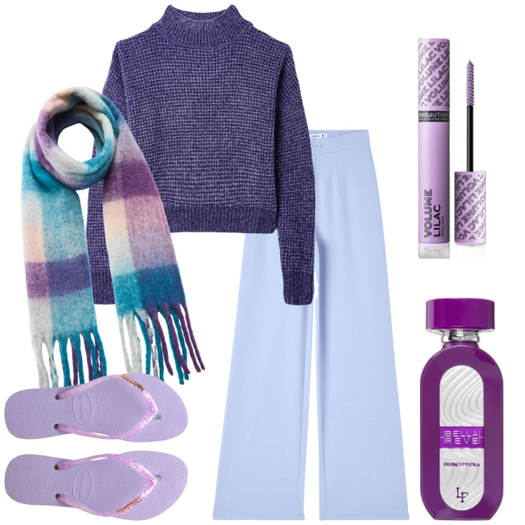 Outfit donna - Feste a casa di amici. Stile Basic per Tutti i giorni. Abbinamento con profumi, mascara, maglieria, sciarpe, pantaloni, infradito.
