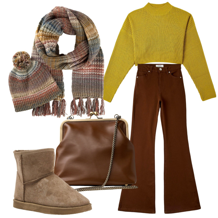 Outfit donna - Il bello del marrone. Stile Casual per Tutti i giorni. Abbinamento con sciarpe, maglieria, pantaloni, stivaletti, clutch.