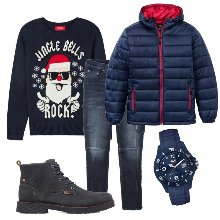 Outfit uomo - Il pullover fantasia natalizio. Stile Casual per Tutti i giorni. Abbinamento con jeans slim fit, giacche, maglieria, anfibi, orologi.