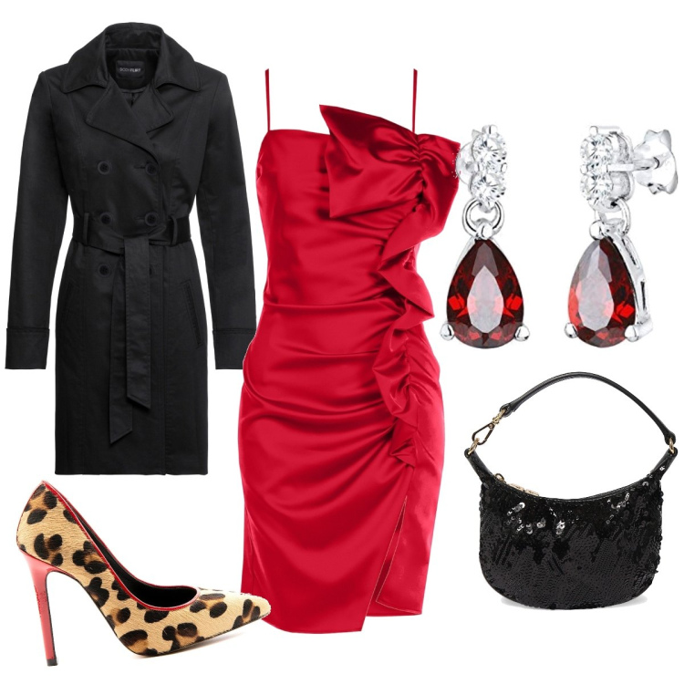 Outfit donna - La sera di San Silvestro. Stile Glamour per Serata fuori. Abbinamento con trench, vestiti corti, décolleté, pochette, orecchini.