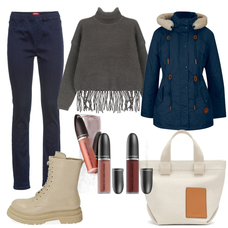 Outfit donna - Ma che freddo!. Stile Basic per Tutti i giorni. Abbinamento con parka, jeggings, rossetti, maglieria, anfibi, borse a mano.