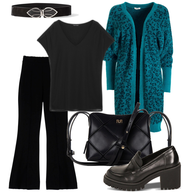Outfit donna - Un caldo cardigan. Stile Urban per Ufficio. Abbinamento con cinture, borse a spalla, cardigans, pantaloni, mocassini, t-shirt.