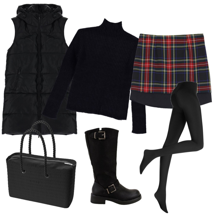 Outfit donna - La mini tartan. Stile Casual chic per Scuola/Università. Abbinamento con collant, gonne, stivali, pullovers, piumini, borse a spalla.