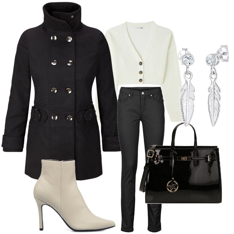 Outfit donna - Casual chic. Stile Casual chic per Tutti i giorni. look ideale per Petite. Abbinamento con jeans skinny, blazer, cardigans, borse a mano, stivaletti, orecchini.