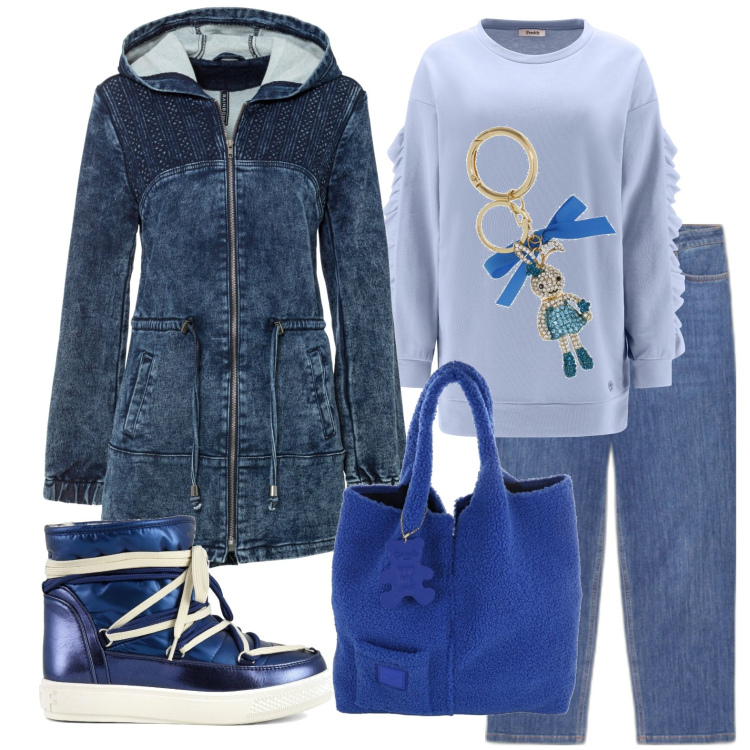 Outfit donna - Total look #1783809. Stile Casual per Tutti i giorni. Abbinamento con parka, felpe, portachiavi, shopping bag, jeans dritti, stivali da neve.