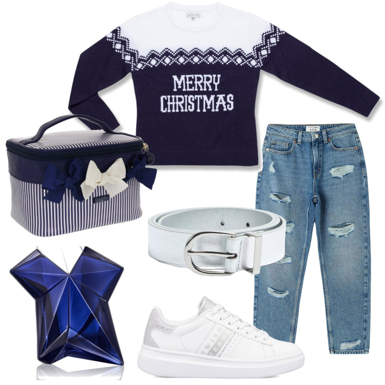Outfit donna - Total look #1783824. Stile Trendy per Tutti i giorni. Abbinamento con profumi, jeans mom, cinture, maglieria, sneakers, valigie.