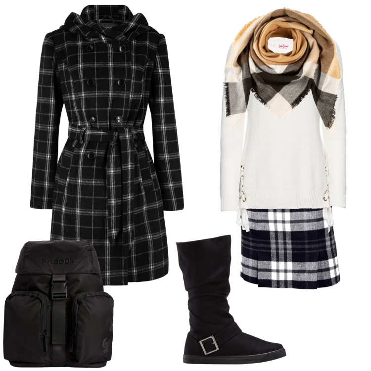 Outfit donna - Tartan x 3. Stile Casual per Scuola/Università. Abbinamento con stivali, minigonne, cappotti, maglieria, foulard, zaini.