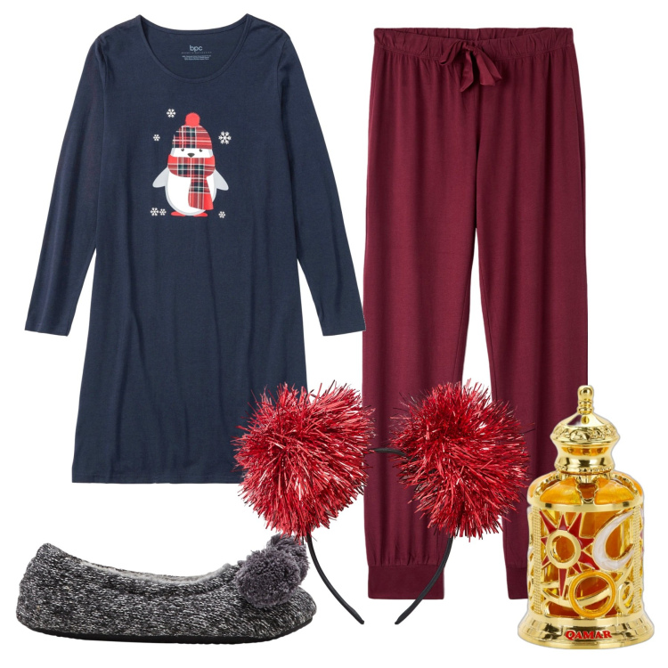 Outfit donna - La mattina di Natale. Stile Basic per Tutti i giorni. Abbinamento con camicie da notte, pantofole, profumi, pantaloni, cerchietti.
