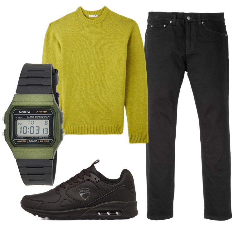 Outfit uomo - Total look #1783830. Stile Casual per Tutti i giorni. Abbinamento con jeans slim fit, maglieria, sneakers, orologi digitali.