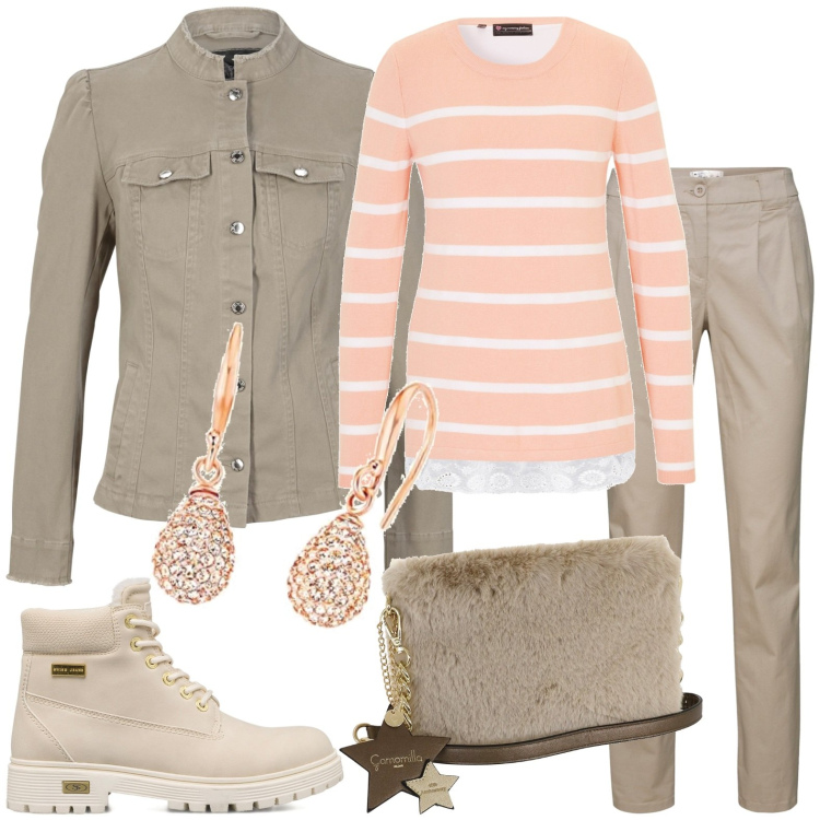 Outfit donna - Sportiva. Stile Casual per Tutti i giorni. Abbinamento con pantaloni chino, blazer, maglieria, stivaletti, borse a tracolla, orecchini.