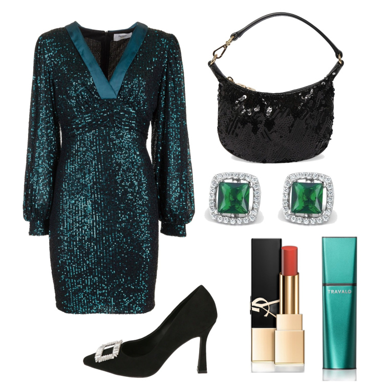 Outfit donna - Una serata scintillante. Stile Chic per Serata fuori. Abbinamento con rossetti, profumi, orecchini, vestiti, décolleté, pochette.