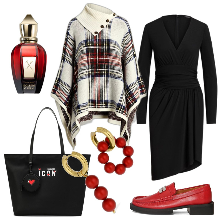 Outfit donna - Mocassini rossi. Stile Basic per Tutti i giorni. Abbinamento con profumi, cappotti, vestiti asimmetrici, mocassini, shopping bag, orecchini.