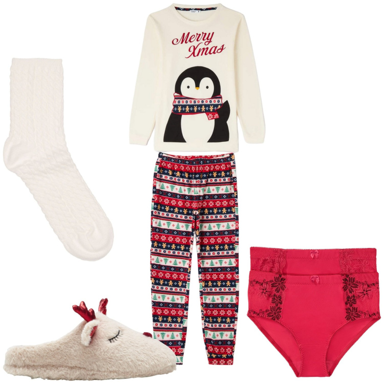 Outfit donna - La notte di Natale. Stile Casual per Tutti i giorni. Abbinamento con pantofole, slip, pigiama, calzini.