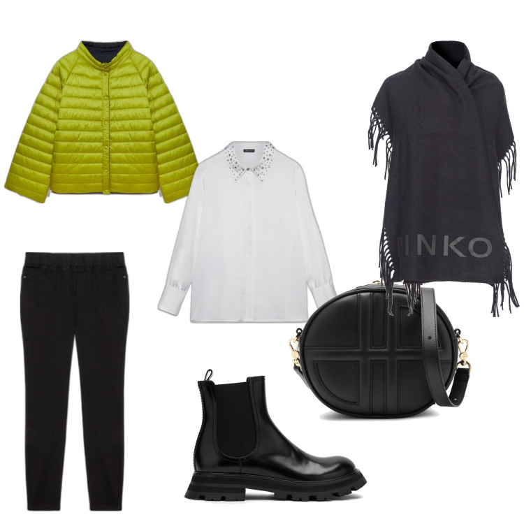 Outfit donna - Shopping time 2. Stile Casual chic per Tutti i giorni. Abbinamento con sciarpe, jeggings, cappotti, camicie, stivaletti, borse a tracolla.