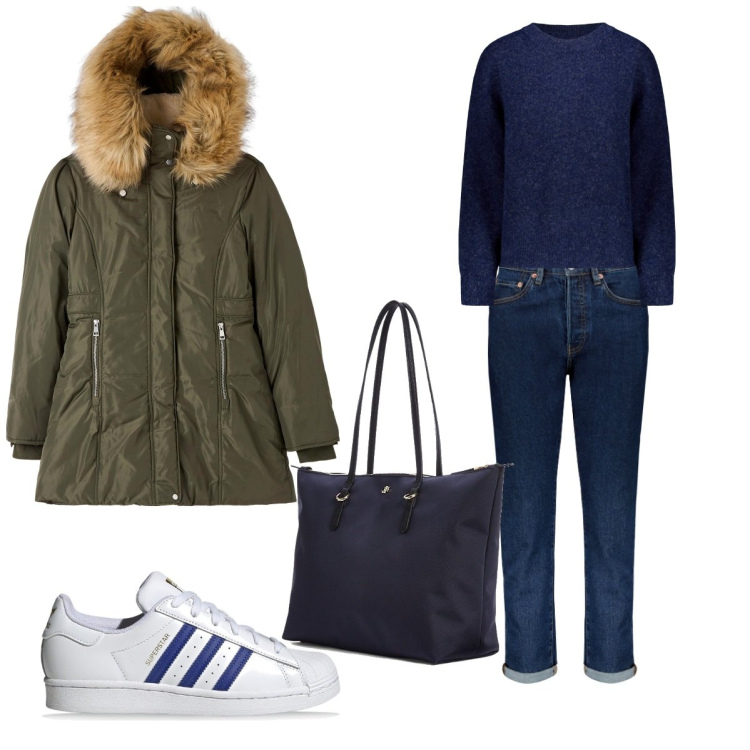 Outfit donna - Tempo Libero. Stile Casual chic per Tutti i giorni. Abbinamento con parka, borse tote, jeans, maglieria, sneakers.