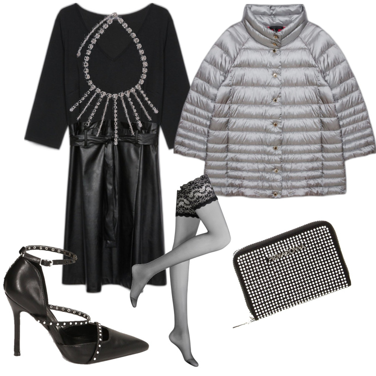 Outfit donna - Gran cenone. Stile Chic per Serata fuori. Abbinamento con collant, piumini, vestiti, collane, décolleté, portafogli.