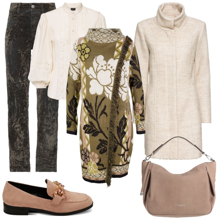 Outfit donna - Stile oriente. Stile Chic per Serata fuori. Abbinamento con cappotti, camicie, cardigans, borse a mano, pantaloni, mocassini.