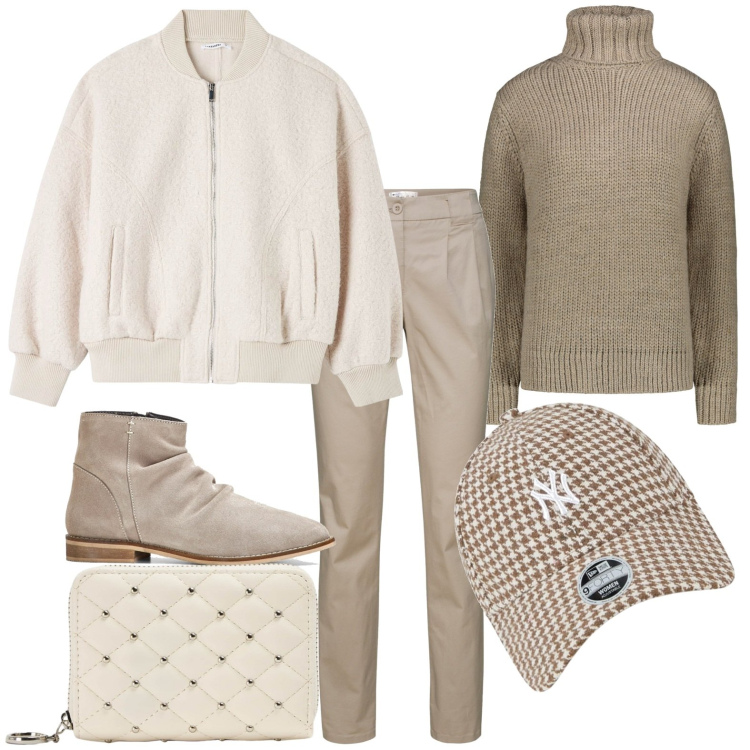 Outfit donna - Total look #1783967. Stile Casual per Tutti i giorni. Abbinamento con pantaloni chino, stivali, portafogli, bomber, maglieria, cappelli.