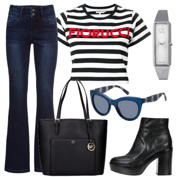 Outfit donna - Trendy #23088. Stile Trendy per Tutti i giorni. look ideale per Tall. Abbinamento con jeans bootcut, borsa a spalla con manico e tasca interna nero, t-shirt taglio dritto a righe girocollo a maniche corte crop con orlo bianco e nero, occhiali da sole, stivali, orologio analogico con cinturino in acciaio inox grigio.