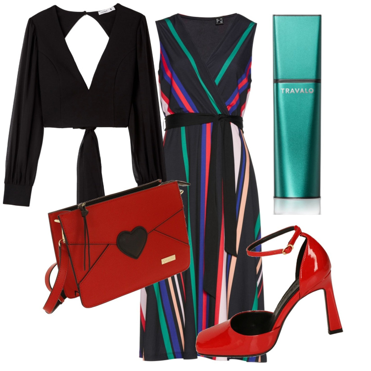 Outfit donna - Tendenza. Stile Chic per Serata fuori. Abbinamento con vestiti, profumi, bluse, décolleté, borse a tracolla.