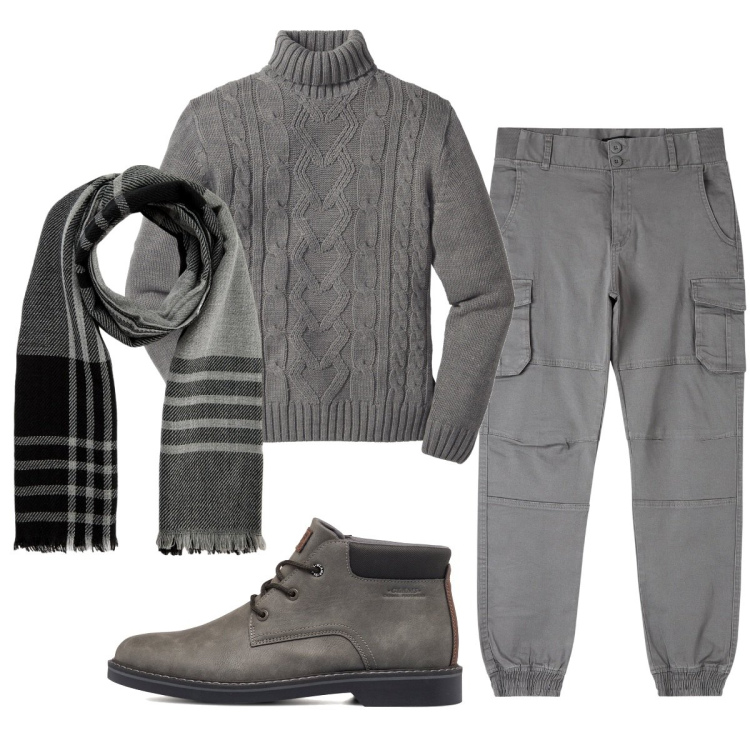 Outfit uomo - Total look #1784004. Stile Casual per Ufficio. Abbinamento con maglieria, sciarpe, pantaloni cargo, stivali e stivaletti.