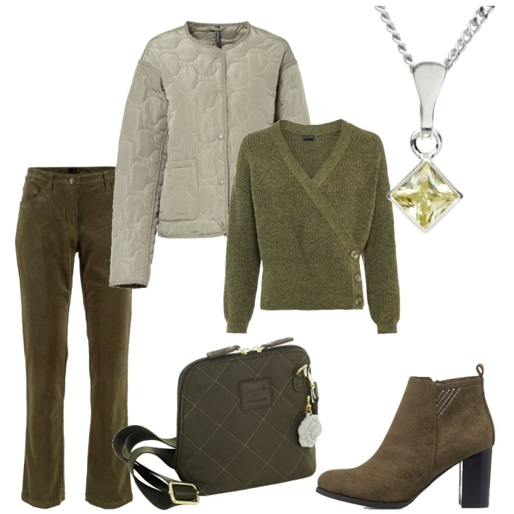 Outfit donna - Verde bosco. Stile Casual chic per Tutti i giorni. Abbinamento con pantaloni, maglieria, giacche, stivaletti, borse a tracolla, collane.