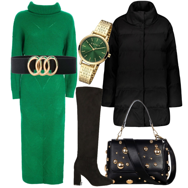 Outfit donna - L\'abito verde con la cintura. Stile Casual per Tutti i giorni. Abbinamento con cinture, borse a spalla, vestiti lunghi, stivali, cappotti, orologi.