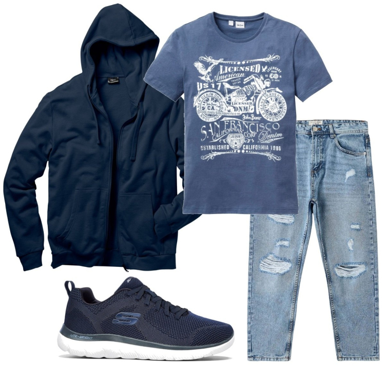 Outfit uomo - Total look #1784010. Stile Casual per Tutti i giorni. Abbinamento con felpe con cappuccio, t-shirt, sneakers, jeans strappati.