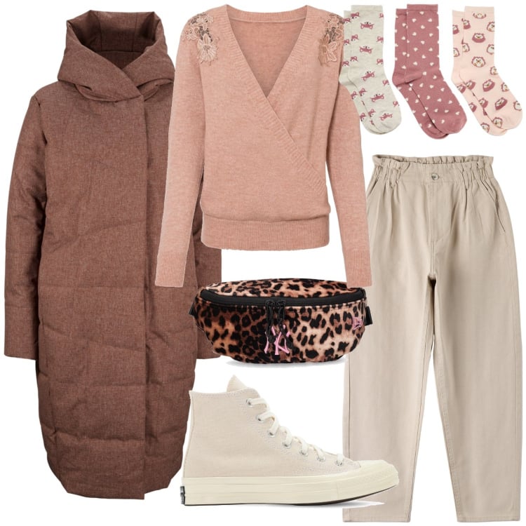 Outfit donna - Total look #1784012. Stile Casual per Tutti i giorni. Abbinamento con maglieria, cappotti, pantaloni, sneakers, calzini, marsupi.