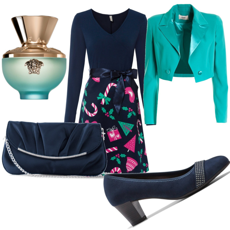 Outfit donna - Sotto l\'Albero. Stile Chic per Serata fuori. Abbinamento con décolleté, pochette, vestiti corti, profumi, blazer.