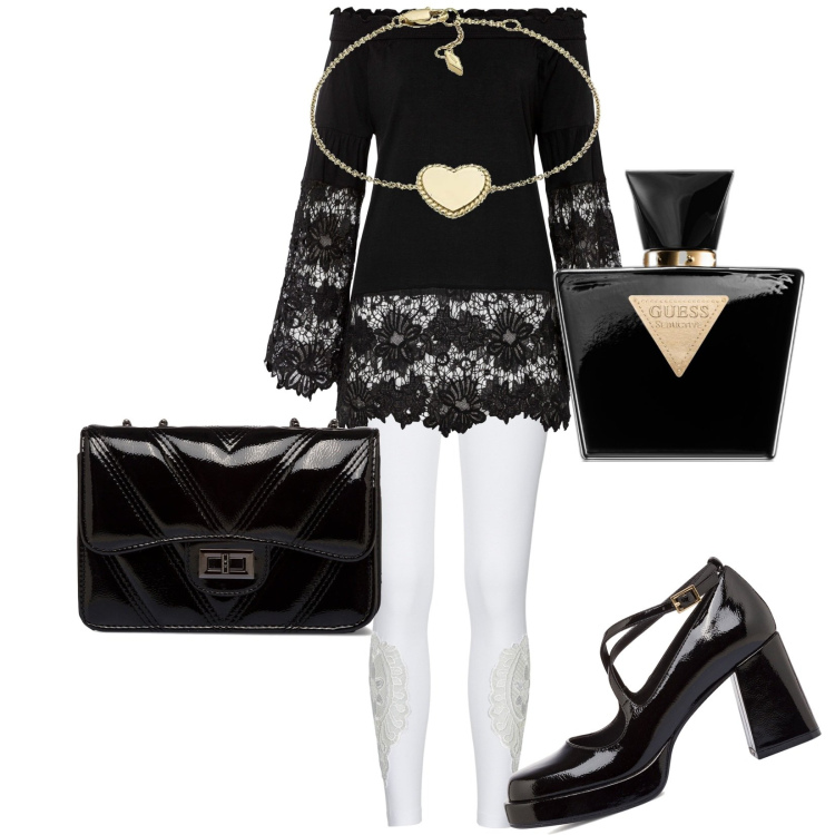 Outfit donna - Trasparenze. Stile Glamour per Serata fuori. Abbinamento con maglieria, leggings, profumi, décolleté, borse a tracolla, braccialetti.