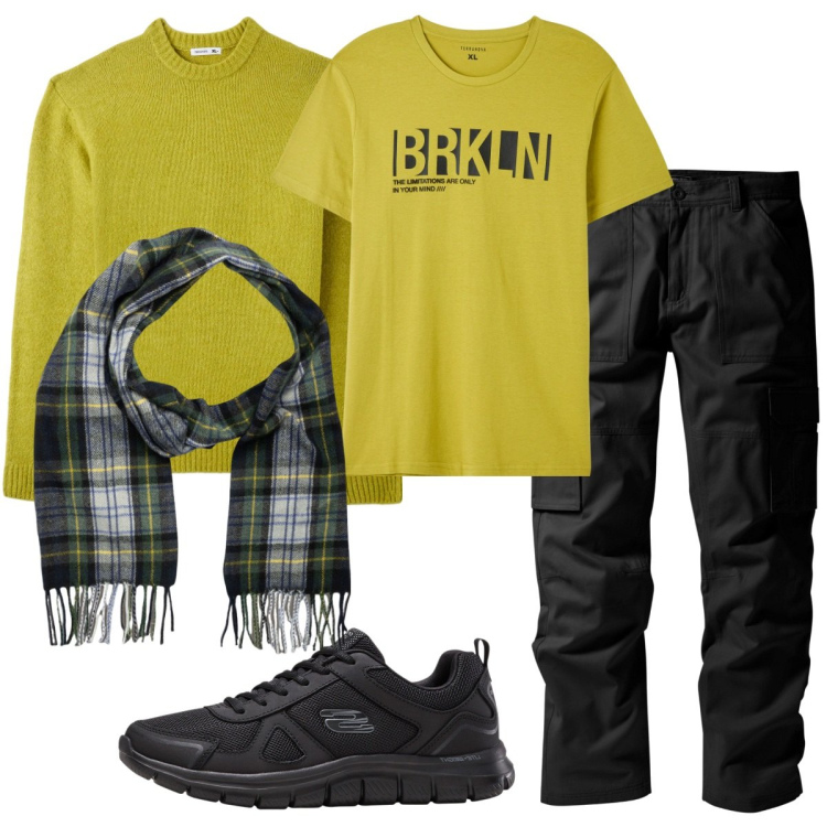 Outfit uomo - Brkln. Stile Casual per Tutti i giorni. Abbinamento con sneakers, pantaloni cargo, maglieria, t-shirt, sciarpe.