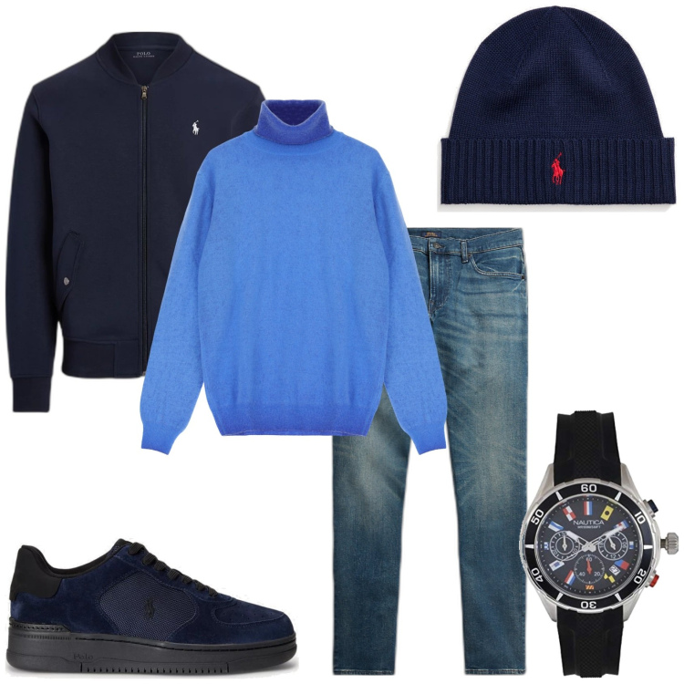 Outfit uomo - Una giornata fredda. Stile Casual per Tutti i giorni. Abbinamento con maglieria, berretti, sneakers, jeans, bomber, orologi analogici.