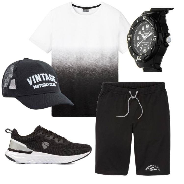 Outfit uomo - T-shirt sfumata. Stile Casual per Sport. Abbinamento con bermuda, t-shirt, cappelli, sneakers, orologi digitali.