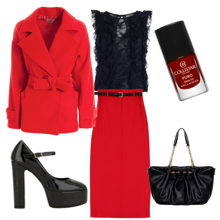 Outfit donna - Serata di Natale. Stile Chic per Serata fuori. Abbinamento con smalti, borse a spalla, top, cappotti, gonne lunghe, décolleté.