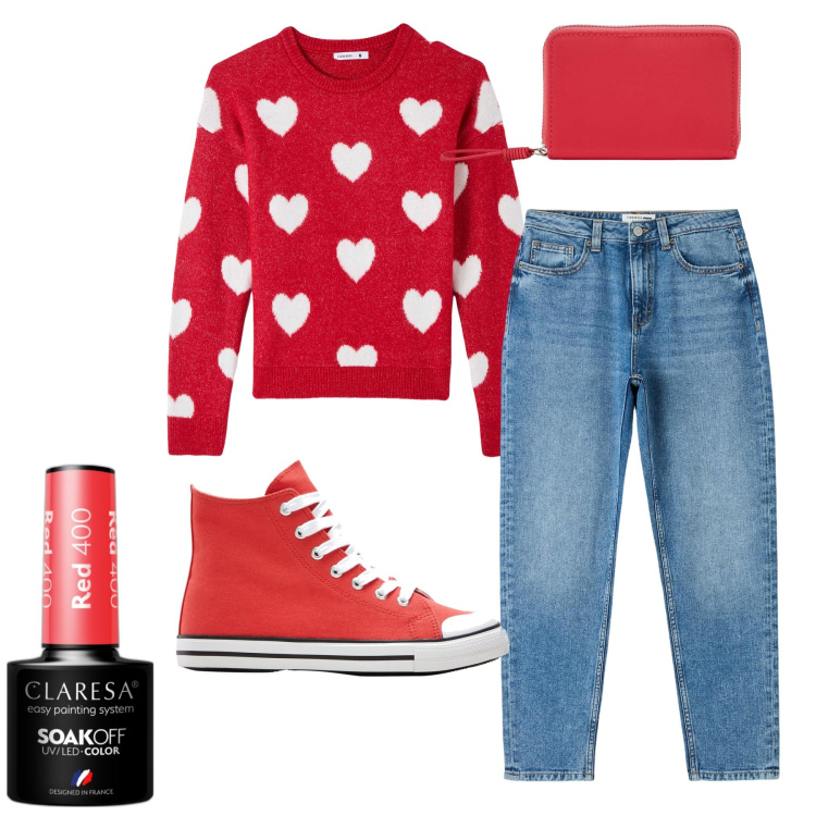 Outfit donna - Rosso a cuori. Stile Casual per Tutti i giorni. Abbinamento con sneakers alte, smalti, jeans mom, maglieria, portafogli.