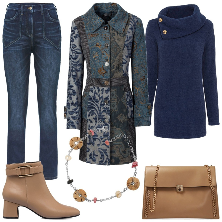 Outfit donna - Blue e beige. Stile Glamour per Tutti i giorni. Abbinamento con cappotti, maglieria, jeans dritti, borse a spalla, stivaletti, braccialetti.