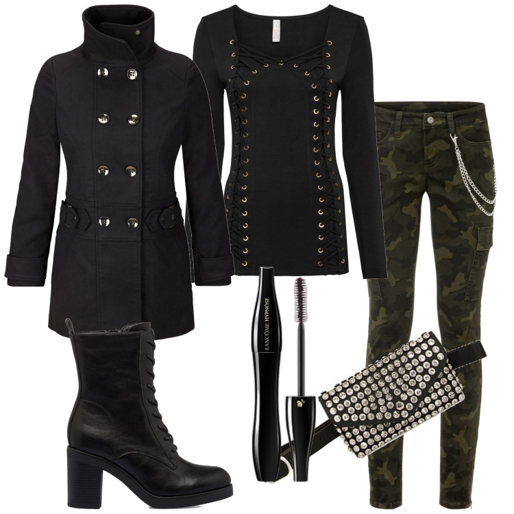 Outfit donna - Military. Stile Military per Tutti i giorni. Abbinamento con pantaloni cargo, maglieria, blazer, mascara, borse a spalla, anfibi.