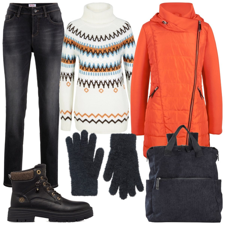 Outfit donna - Tocco arancio. Stile Casual per Tutti i giorni. Abbinamento con zaini, blazer, maglieria, jeans boyfriend, guanti, stivaletti.