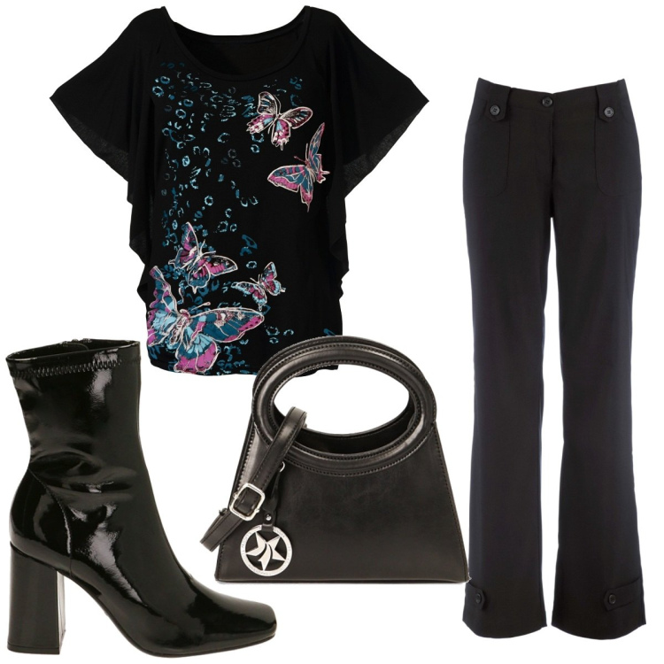 Outfit donna - Total look #1784102. Stile Trendy per Tutti i giorni. Abbinamento con pantaloni, bluse, borse a spalla, stivaletti.