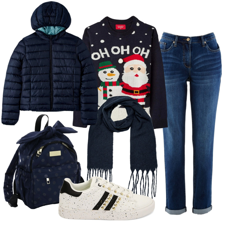 Outfit donna - Natale. Stile Casual per Scuola/Università. Abbinamento con jeans boyfriend, maglieria, piumini, sneakers, zaini, sciarpe.