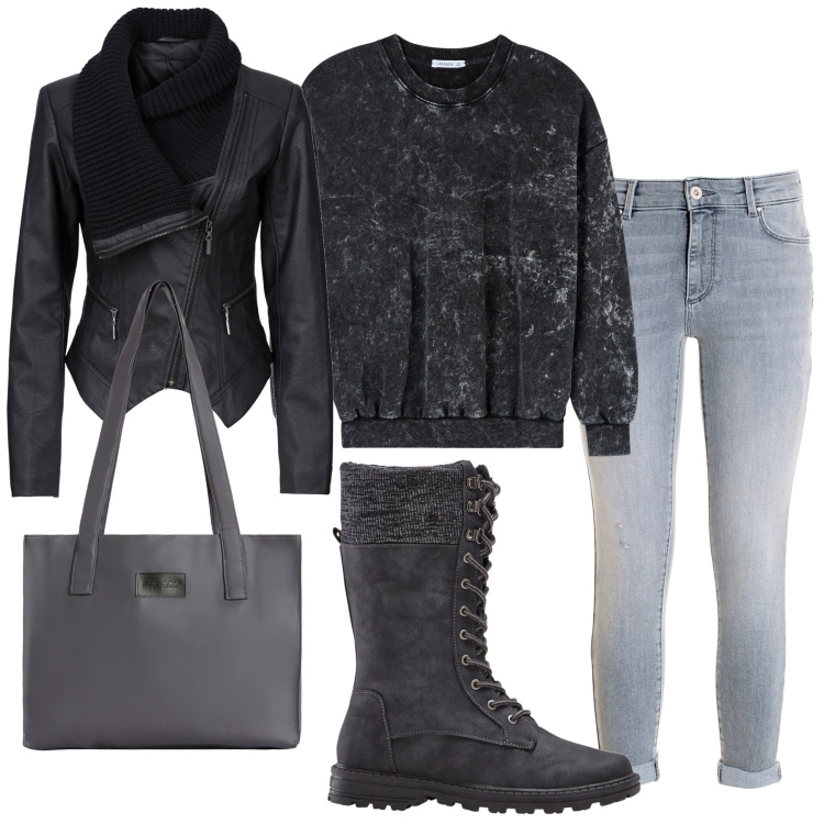 Outfit donna - Grigio military. Stile Military per Tutti i giorni. Abbinamento con blazer, stivali sopra il ginocchio, felpe, jeans, shopping bag.